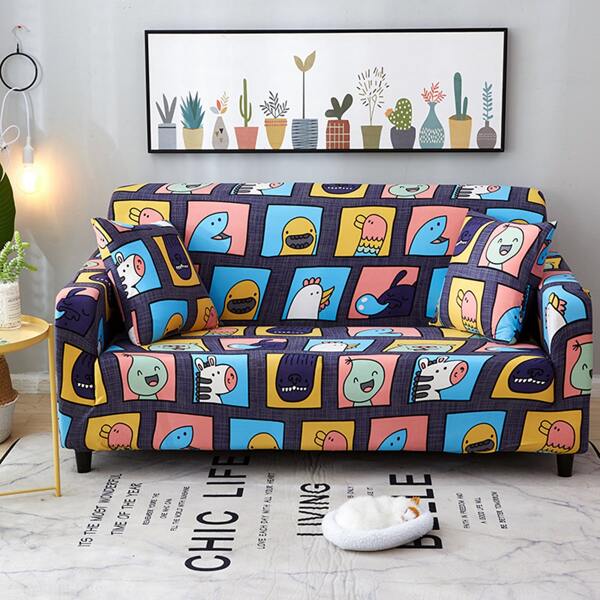 

Cartoon Graphic Stretchy Sofa Cover & 1pc Cushion Cover, Multicolor