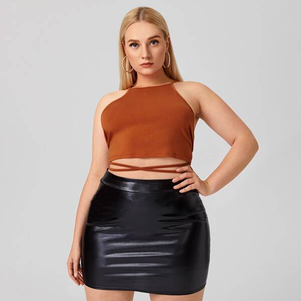

Plus Criss Cross Tie Back Crop Halter Top, Brown