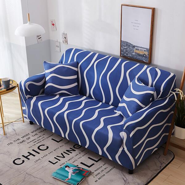 

Wave Pattern Stretchy Sofa Cover & 1pc Cushion Cover, Blue