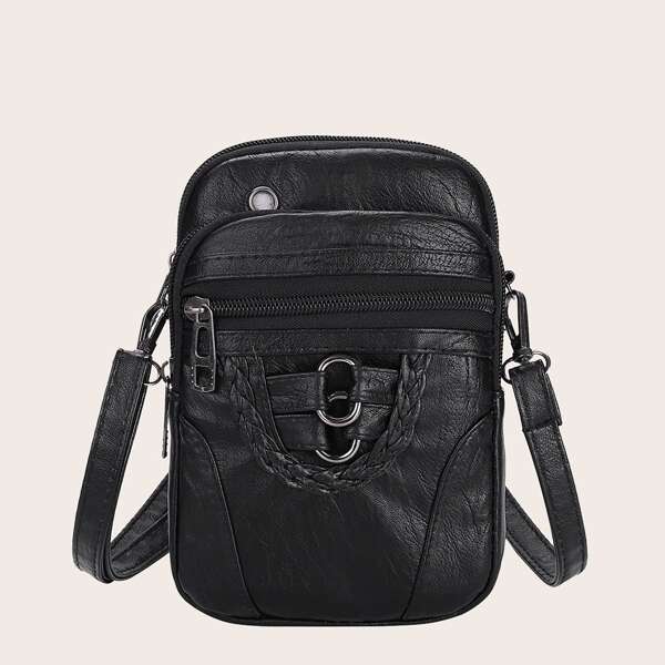 

Braided Detail Zip Front Crossbody Bag, Black