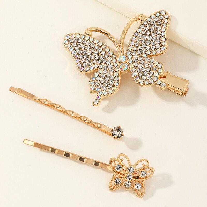 

3pcs Rhinestone Decor Hair Clip, Gold