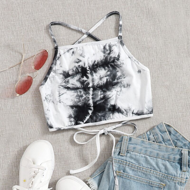 

Tie Dye Lace Up Cami Top, Black and white