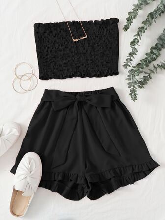 Bandeau Top mit gekräuseltem Saum, Rüschen und Shorts mit Band vorn