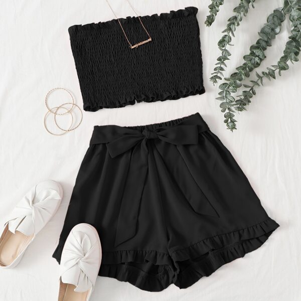 

Plus Lettuce Trim Shirred Bandeau Top With Tie Front Ruffle Hem Shorts, Black
