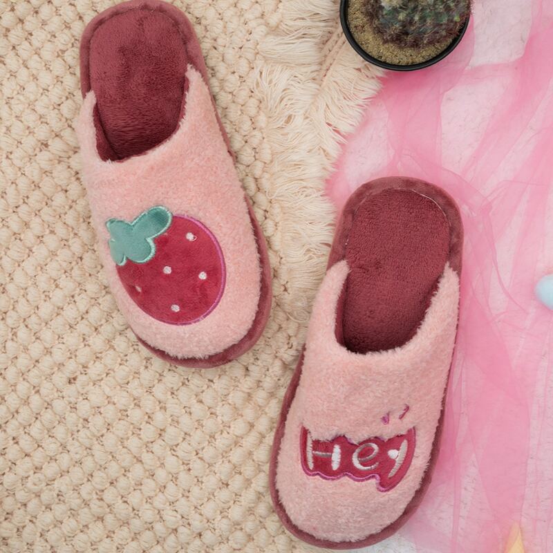 

Fruit & Letter Embroidered Slippers, Pink