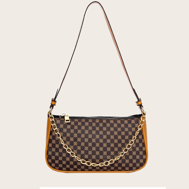 

Graphic Chain Satchel Bag, Brown