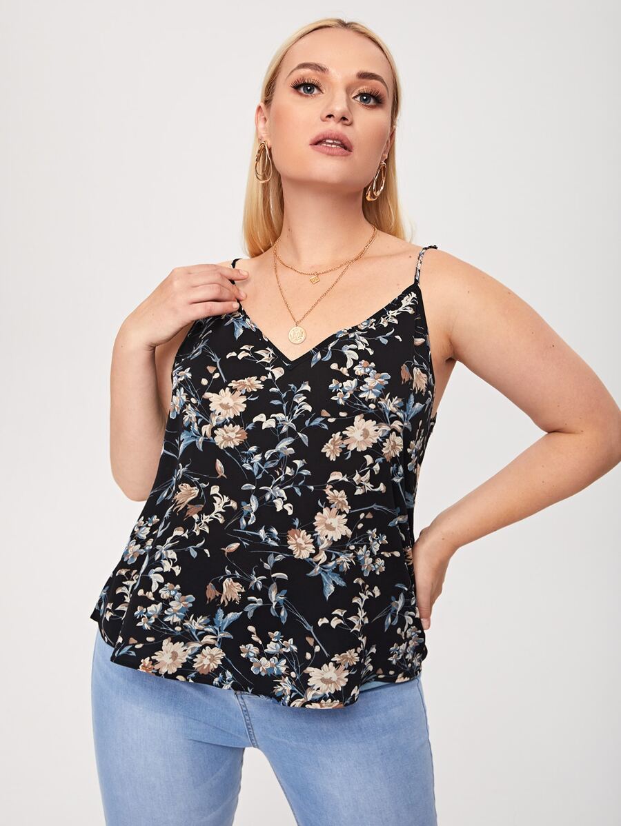SHEIN Plus Botanical Print Cami Top - Black - View 1