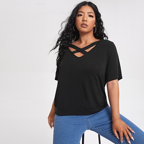 

Plus Solid Criss Cross Neck Tee, Black