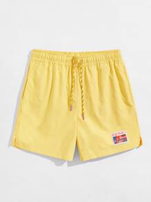 Manfinity 男士抽繩腰貼布細節短褲 - 黃色 - 查看 5