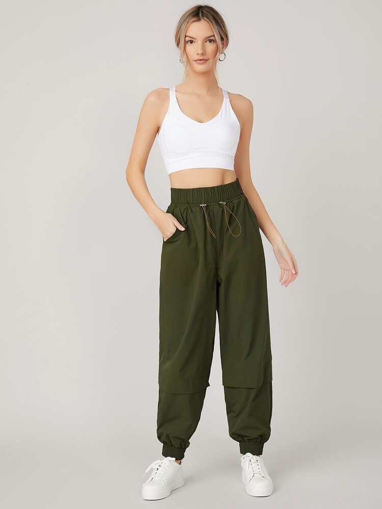 SHEIN Elastic Waist Cargo Pants - Army Green - View 3