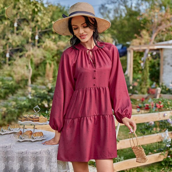 

Tie Neck Bishop Sleeve Ruffle Hem Dress, Burgundy