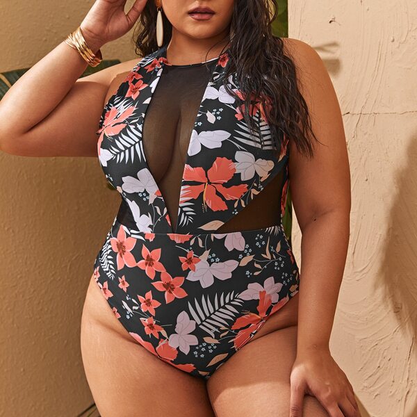 

Plus Floral Mesh Insert One Piece Swimsuit, Multicolor