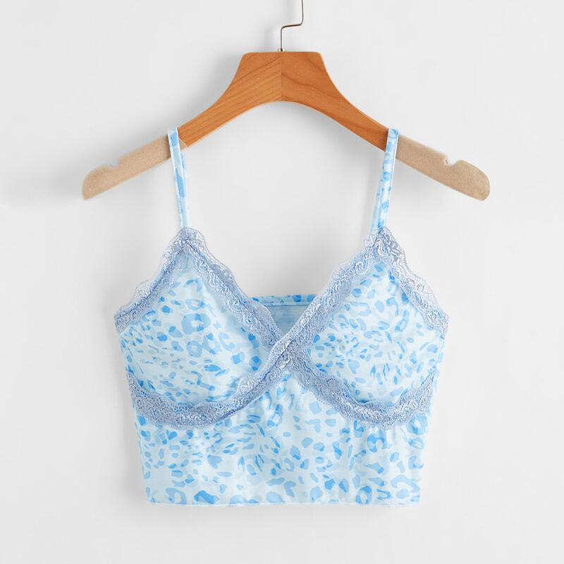 

All Over Print Lace Trim Crop Cami, Baby blue
