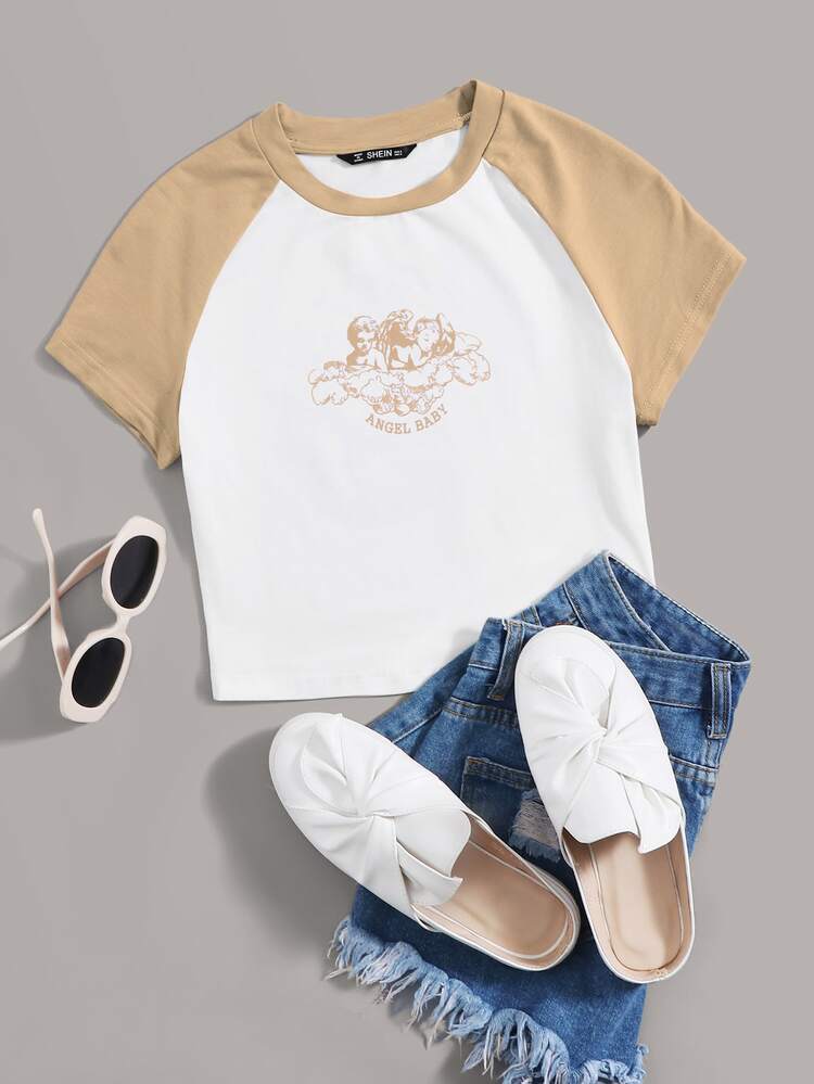 SHEIN Qutie Letter and Angel Print Raglan Sleeve Tee - White - View 1