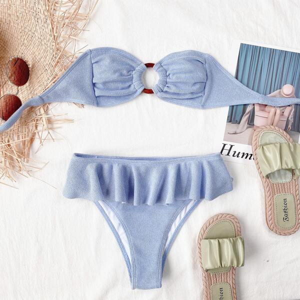 

Ruffle Trim Ring Linked Bandeau Bikini Swimsuit, Baby blue
