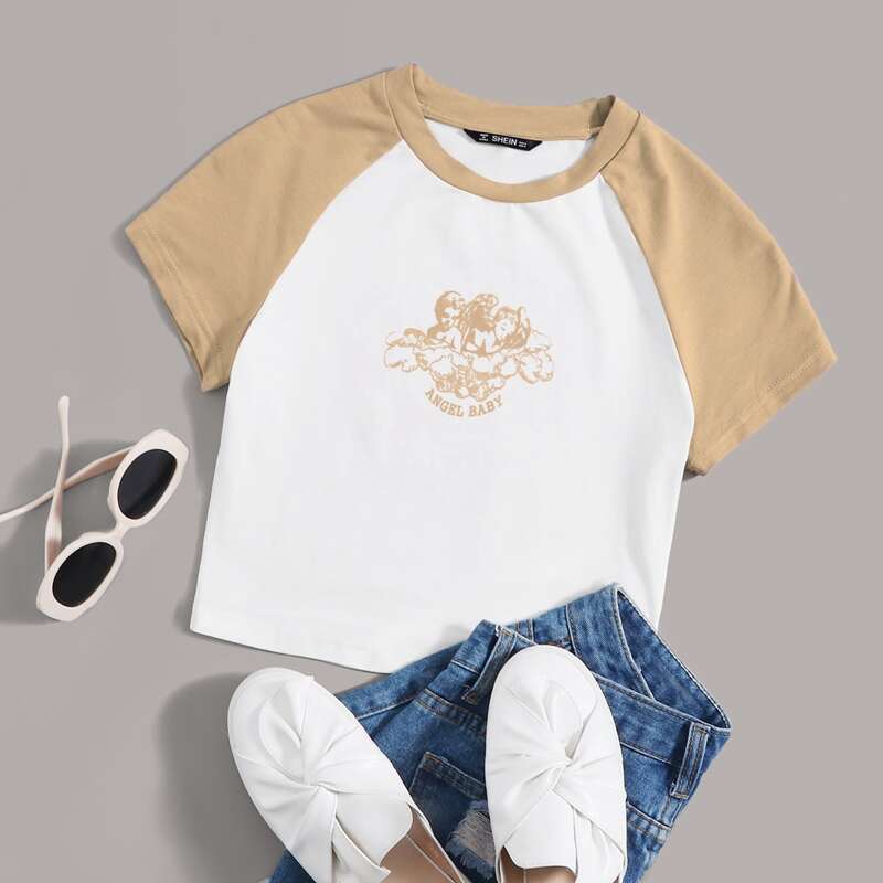 

Letter and Angel Print Raglan Sleeve Tee, White