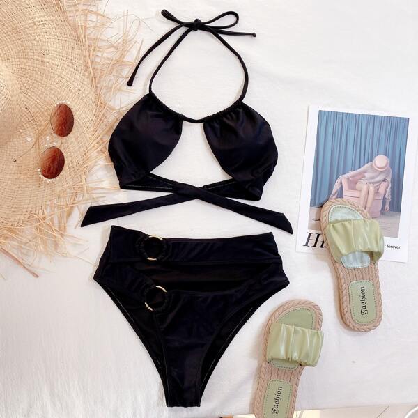 

Ring Linked Halter High Waisted Bikini Swimsuit, Black