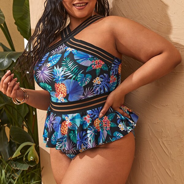 

Plus Tropical Ruffle Mesh Trim One Piece Swimsuit, Multicolor