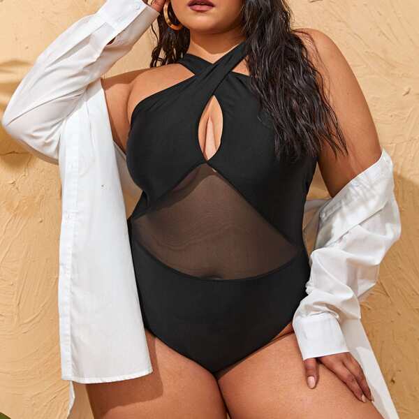 

Plus Mesh Insert One Piece Swimsuit, Black