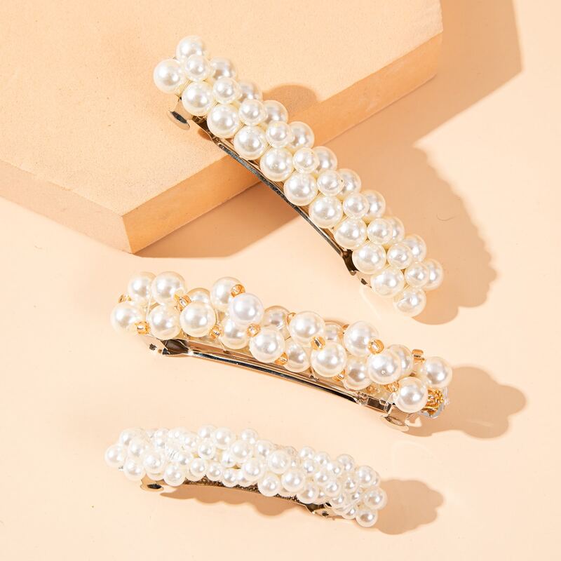 

3pcs Faux Pearl Beaded Hair Clip, White
