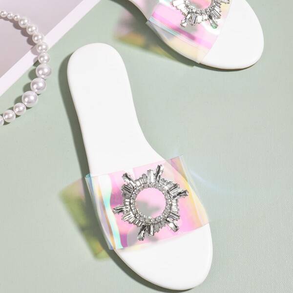 

Holographic Rhinestone Decor Slide Sandals, White clear