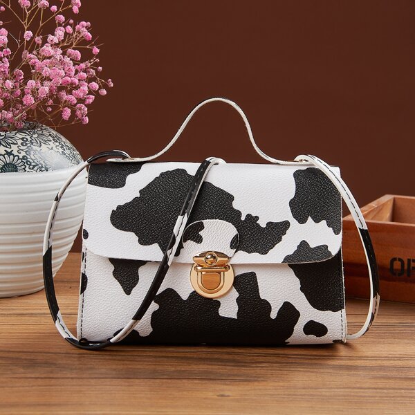 

Cow Pattern Push Lock Satchel Bag, Black and white