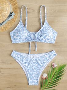 Swim Mod Summer Beach Ditsy Floral Tie Front Bikini Set - Blue and White - View 1