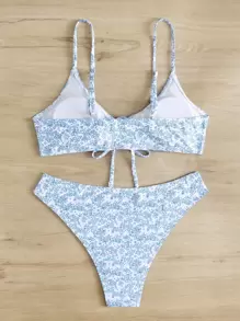 Swim Mod Summer Beach Ditsy Floral Tie Front Bikini Set - Blue and White - View 2