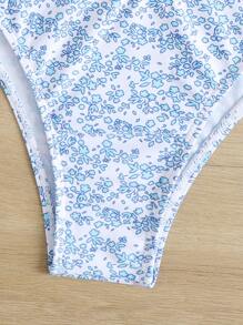 Swim Mod Summer Beach Ditsy Floral Tie Front Bikini Set - Blue and White - View 4