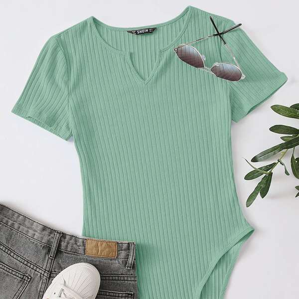 

Notched Neck Rib-knit Bodysuit, Mint green