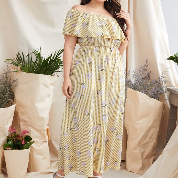 

Plus Floral And Gingham Ruffle Bardot Dress, Yellow