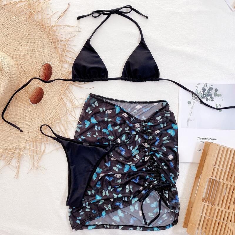 

3pack Butterfly Print Triangle Bikini Swimsuit & Beach Skirt, Black