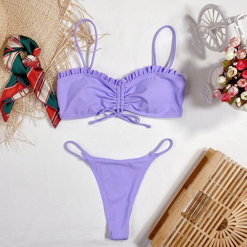 

Drawstring Knot Thong Bikini Swimsuit, Lilac purple