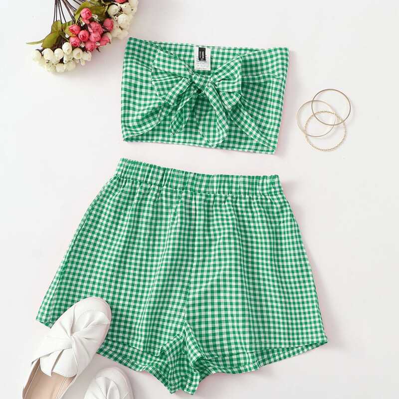 

Gingham Tie Front Top & Shorts Set, Green