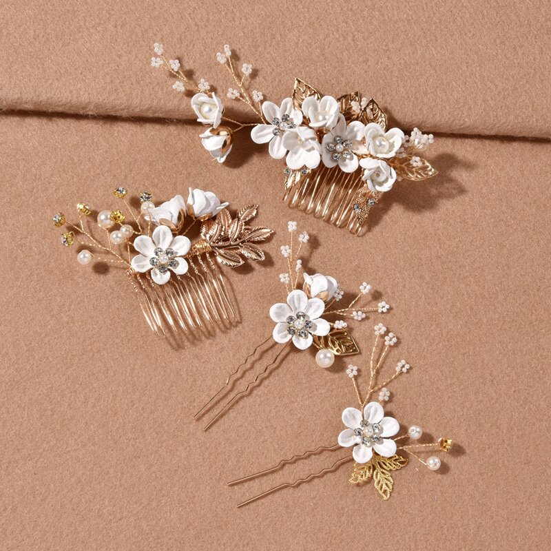 

4pcs Faux Pearl Flower Decor Hair Pin, Gold