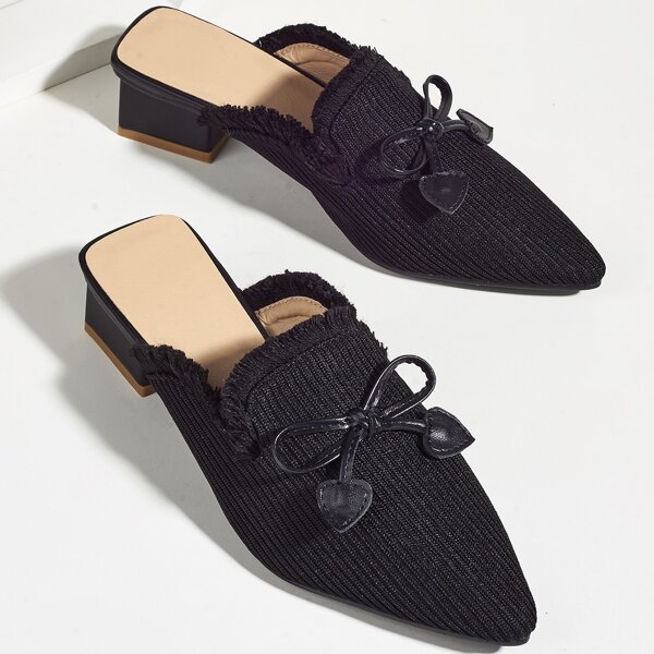 

Bow Decor Fray Trim Knit Chunky Heeled Mules, Black