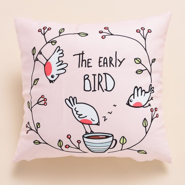 

Cartoon Bird Print Cushion Cover Without Filler, Pink