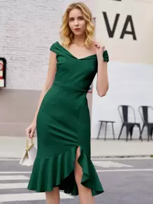 MIUSOL Zip Back Ruffle Asymmetrical Hem Dress - Dark Green - View 1