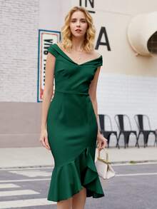 MIUSOL Zip Back Ruffle Asymmetrical Hem Dress - Dark Green - View 4