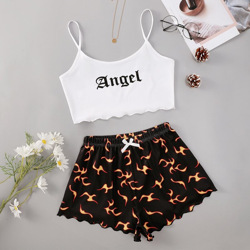 

Letter Graphic Bow Pajama Set, Black and white