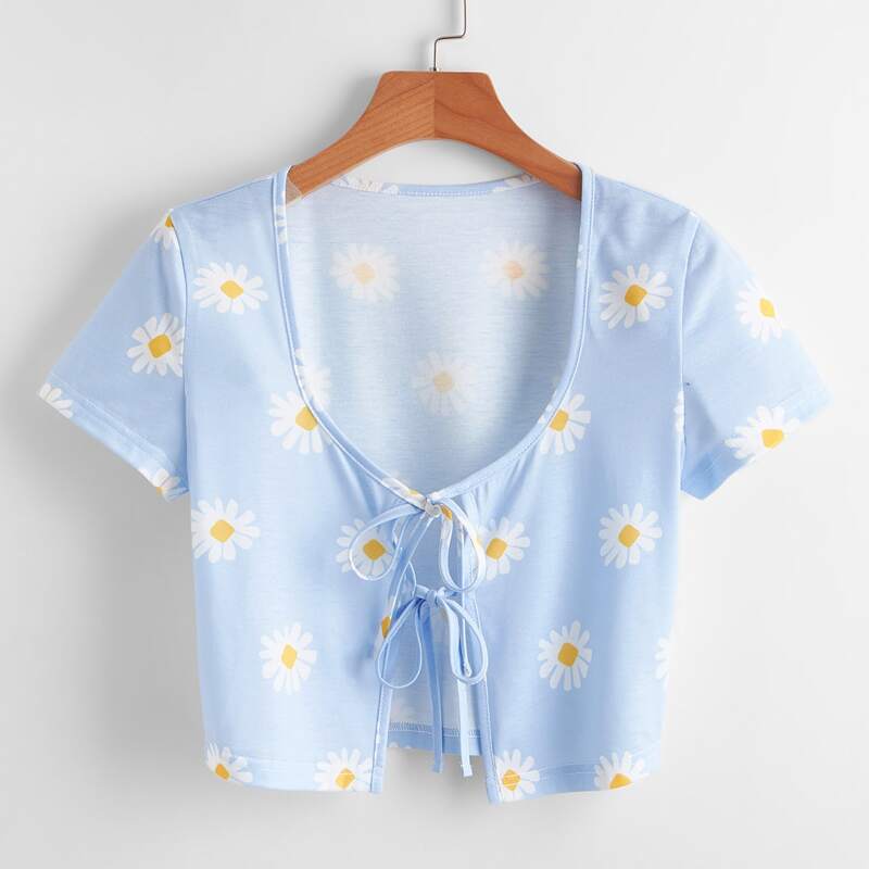 

Tie Front Daisy Floral Crop Top, Baby blue