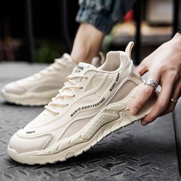 

Men Letter Graphic Mesh Panel Chunky Sneakers, Beige