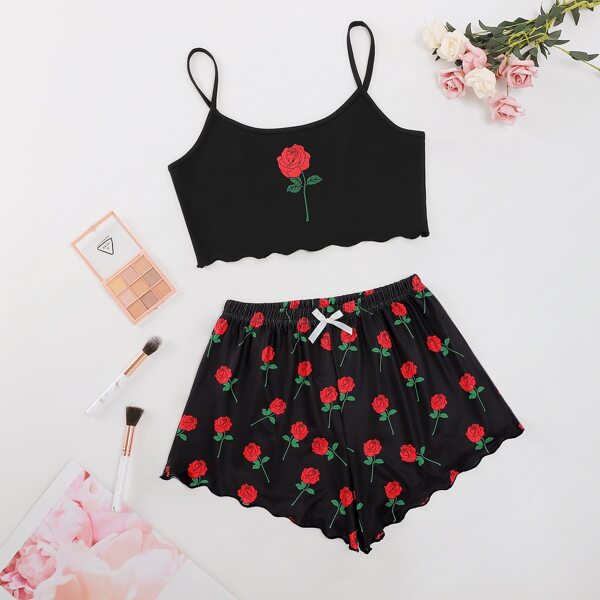 

Floral Print Bow PJ Set, Black