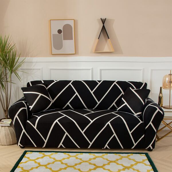 

Geometric Pattern Stretchy Sofa Cover & 1pc Cushion Cover, Black