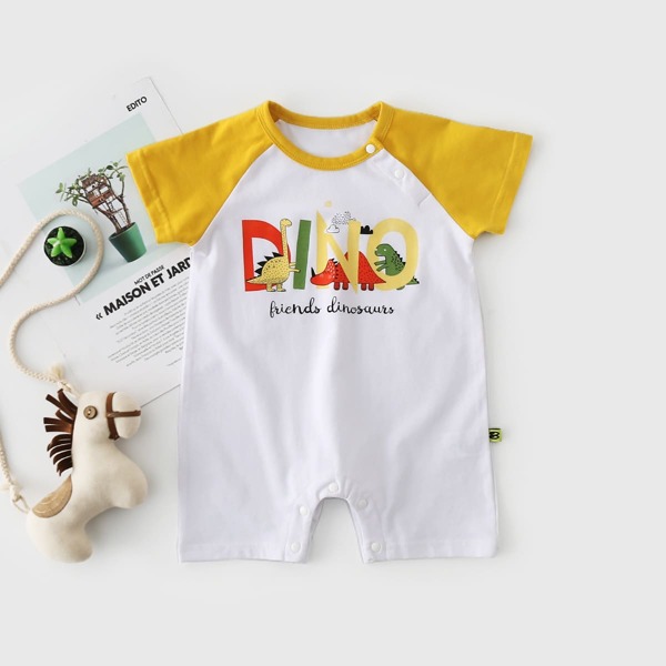 

Baby Boy Dinosaur & Letter Graphic Raglan Sleeve Romper, White