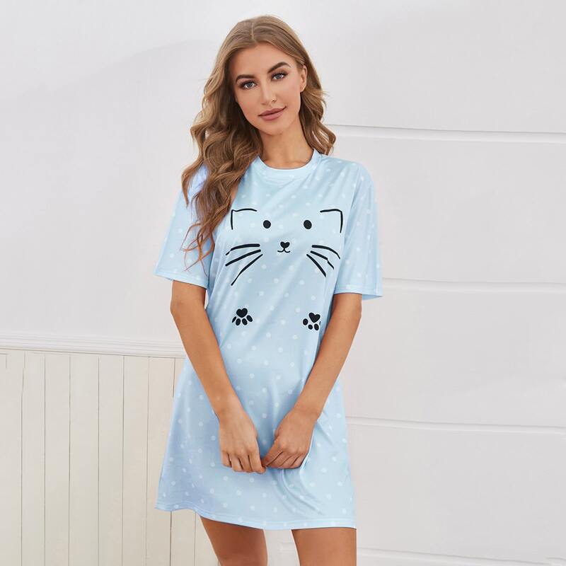 

Cartoon And Polka Dot Sleep Dress, Baby blue
