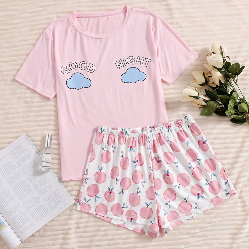 

Peach And Letter Graphic Pajama Set, Multicolor
