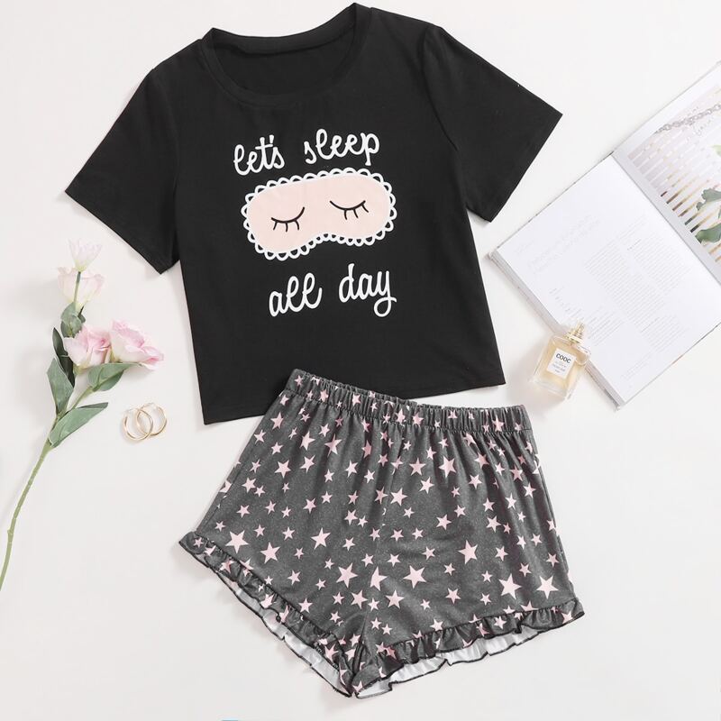 

Star And Slogan Graphic Pajama Set, Multicolor
