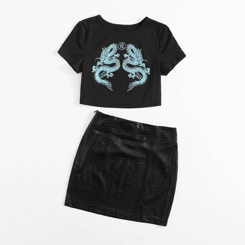 

Chinese Dragon Print Tee & Croc Embossed Skirt, Black