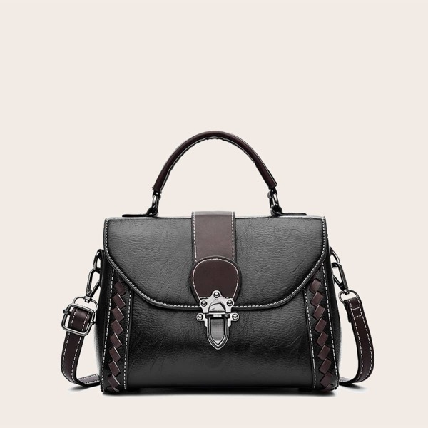 

Push Lock Top Handle Satchel Bag, Black